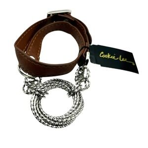 Brown Faux Leather Wrap Bracelet Silver Tone Chain Ring Biker‎ Moto Industrial